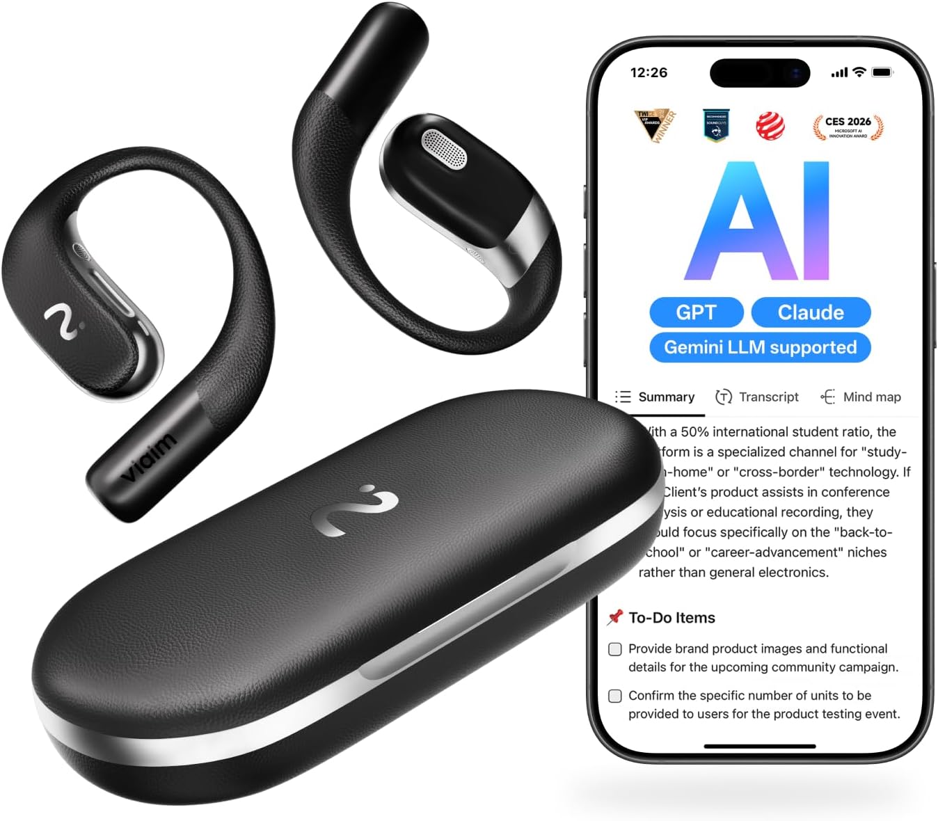 OpenNote Open-Ear AI Note Taker and Voice Recorder Earbuds | All-Day Comfort, MFi Certified, Meeting and Call Recording, Live Transcription, AI Summary, 53H Battery, Fast Charging, IP55