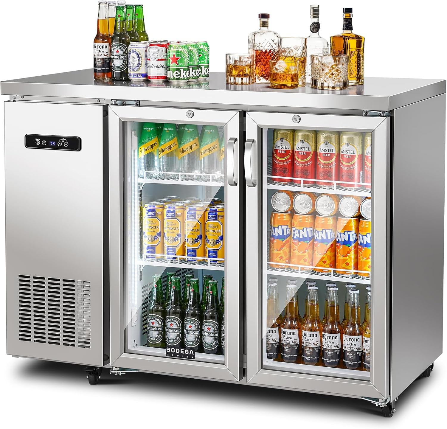 BODEGA BODEGACOOLER 12 Cu.Ft Commercial Back Bar Cooler, Stainless Steel | Counter-Height Beverage Fridge – LED Lighting, Adjustable Shelves, Lock & 4 Casters, 32°F-50°F for Bars,Restaurant