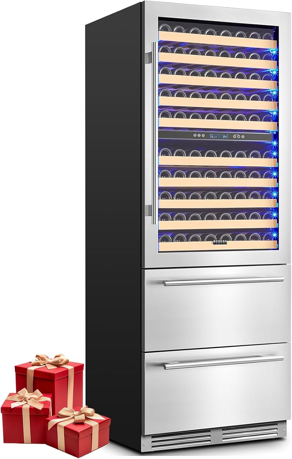 BODEGA Wine and Beverage Refrigerator, 30 Inch 2 IN 1 Dual Zone Wine Cooler,Built-in or Freestanding Beverage Cooler, Soft LED Light Hold 150 Bottles and 234 Cans