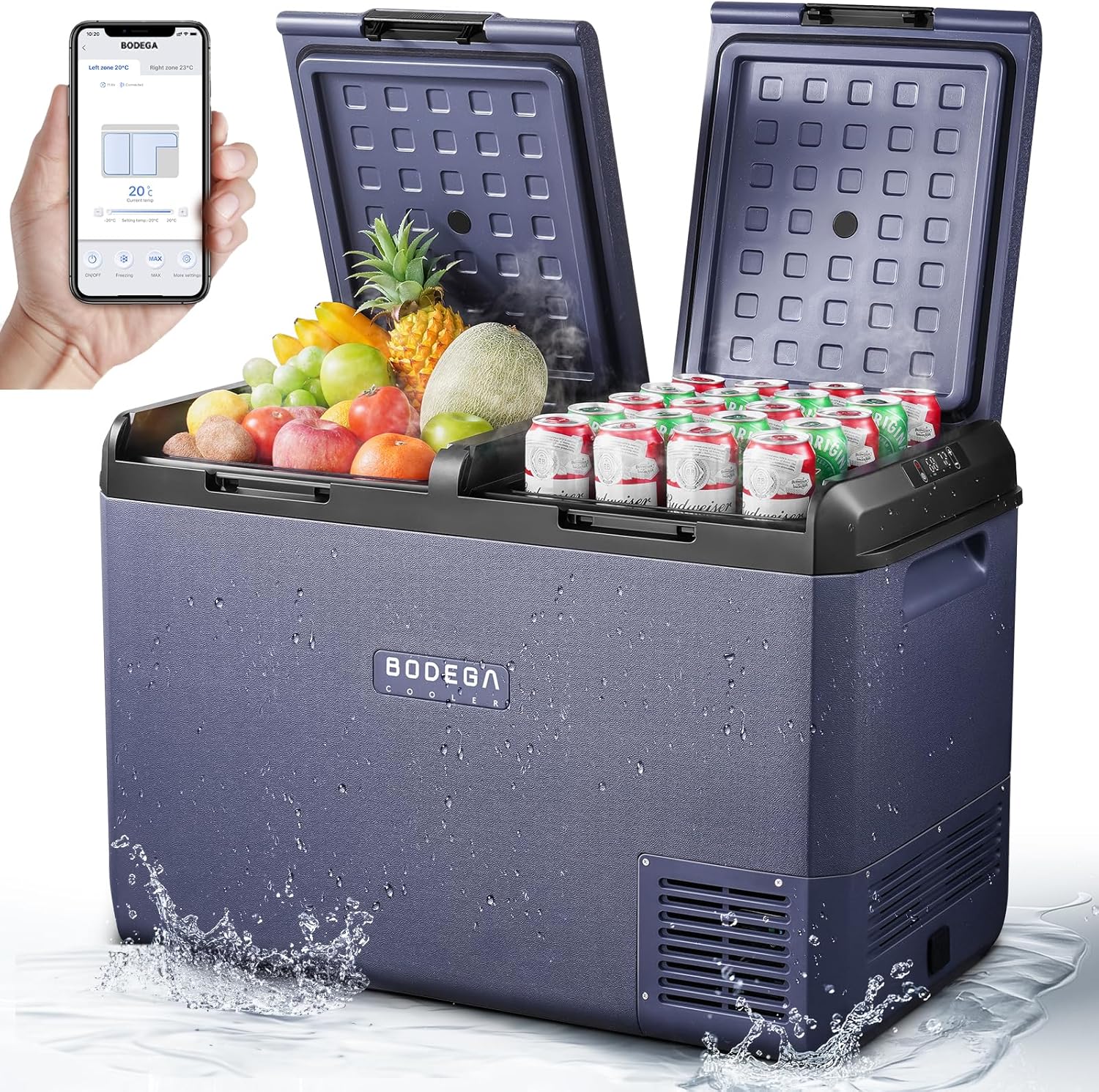 BODEGACOOLER 12 Volt Refrigerator, 100QT(95L) IPX4 Waterproof Electric Cooler, Car Fridge Dual Zone APP Control with 12/24V DC 110-240V AC, -4℉~68℉, Portable Freezer for Camping,Travel,RV,Ro