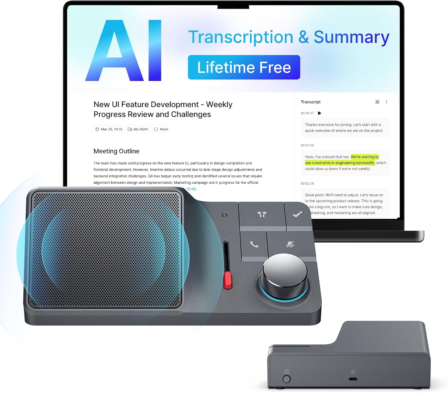 H1 Lite AI Conference Speakerphone Work with Bluetooth Earphones, AI Audio Companion for Mac mini, Noise-Canceling Mics, AI Transcription & Summary, Home Office AI Voice Recorder
