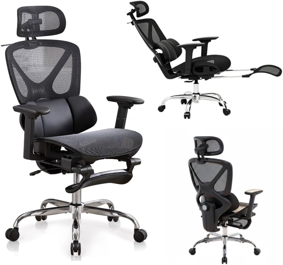 LuxErgo High Back Ergonomic Mesh Office Chair, Executive Computer Desk Chair with Adjustable Lumbar Support, Flip-Up Headrest and Armrests, Freely Tilt Lock Design for Home Office, Gaming an