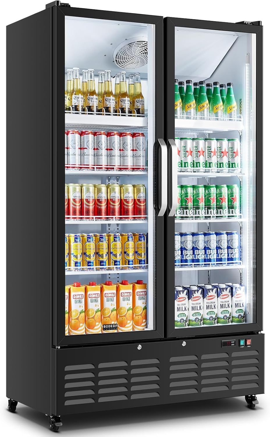 BODEGACOOLER Commercial Refrigerator, 27.02Cu.Ft Glass Door Beverage Cooler | Upright Double Door Merchandiser Display Refrigerator with Soft LED Light, Adjustable Shelves, 4 Heavy-Duty Cast