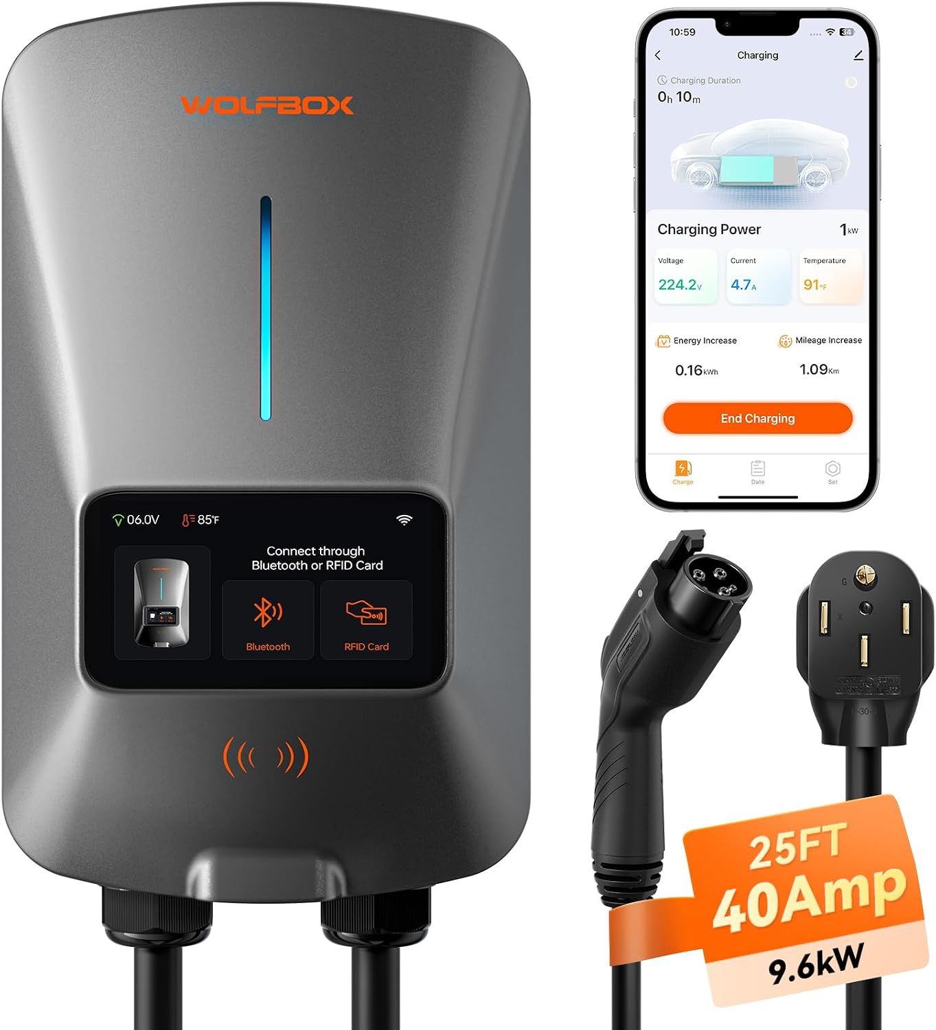 WOLFBOX Level 2 EV Charger 40amp - NEMA 14-50 EVSE with J1772 Connector - CSA Certified Wall Home EV Charger - 25FT Cable,Outdoor/Indoor,RFID Card,WiFi Enabled, 240V Electric Vehicle Chargin