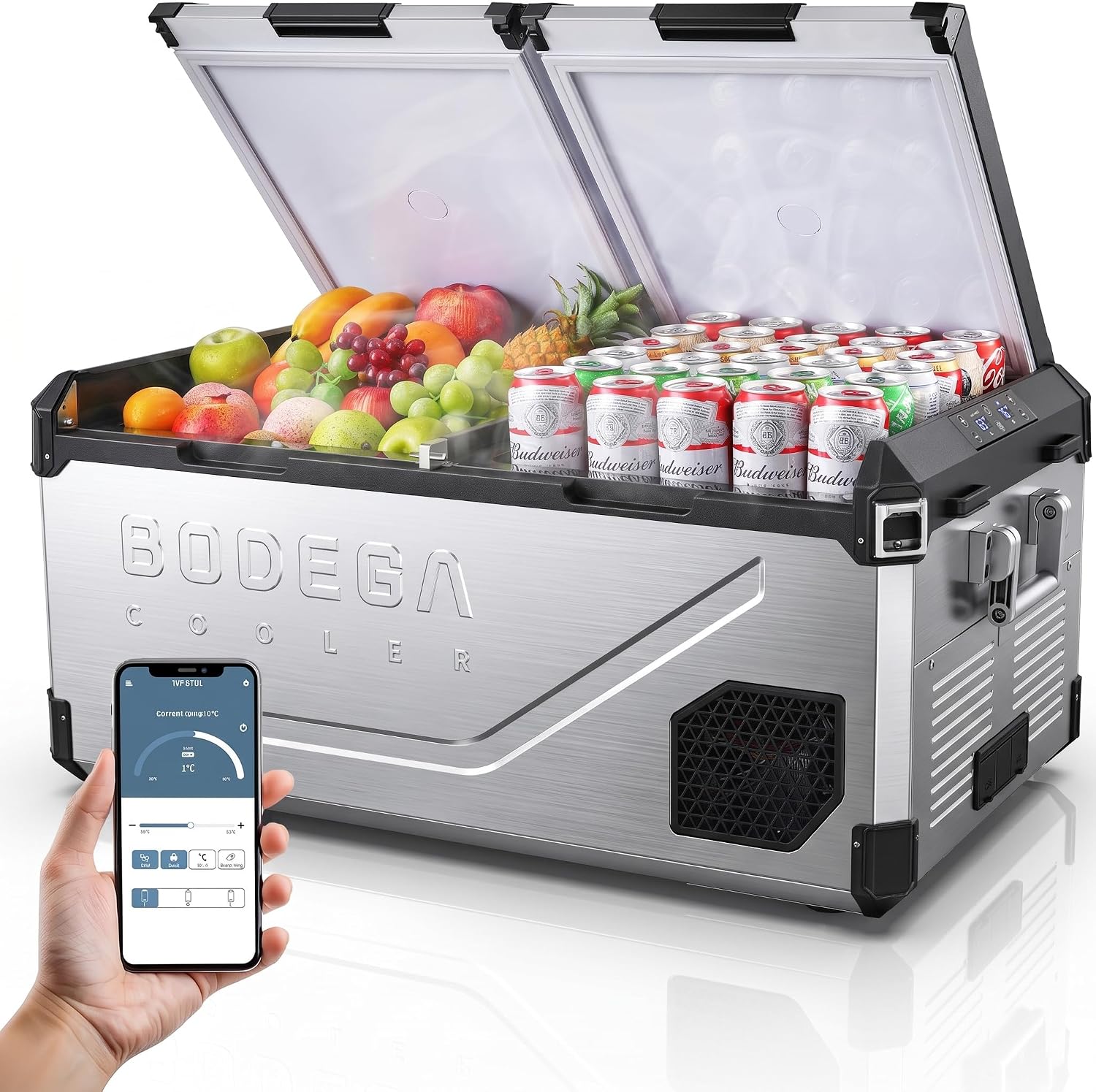 BODEGA 79QT Stainless Steel Car Fridge, Dual Zone APP Control 2 Doors | MAX/ECO modes, battery protection H/M/L, anti-vibration, ≤45dB quiet; for RV, Truck, Camping, Road Trip; 1-Year Warran