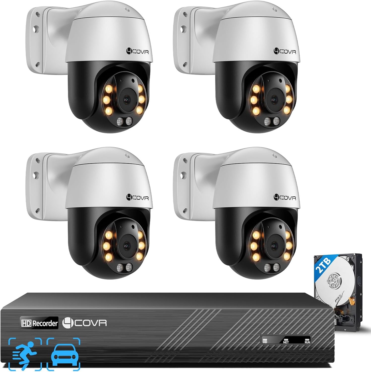 4COVR PoE PTZ Security Camera System, 8CH 4K NVR & 2TB HDD, LYM2XP5M0804 | 350- Pan 90- Tilt 3X Digital Zoom, 4X 5MP PoE IP Camera, AI Human Vehicle Detection, Smart Color Night Vision, Two