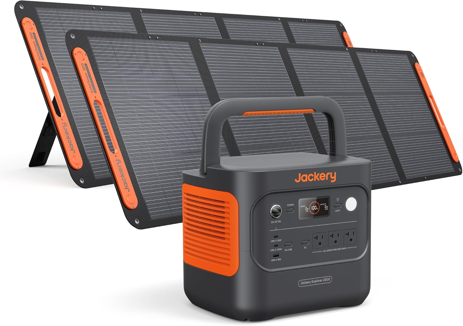 Jackery Explorer 2000 v2 and 2x200W Solar Panels, 2042Wh, 2200W AC Output | LiFePO4 Battery, 20ms UPS, USB-C PD 100W Fast Charging, Solar Generator for Power Outages, Emergencies, Camping