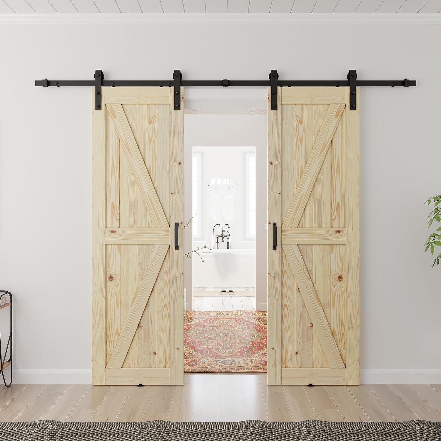SMARTSTANDARD 30x84in Double Sliding Barn Door with 10ft Hardware Included | Unfinished Solid Spruce Wood, A Simple Assembly is Required, DIY Support