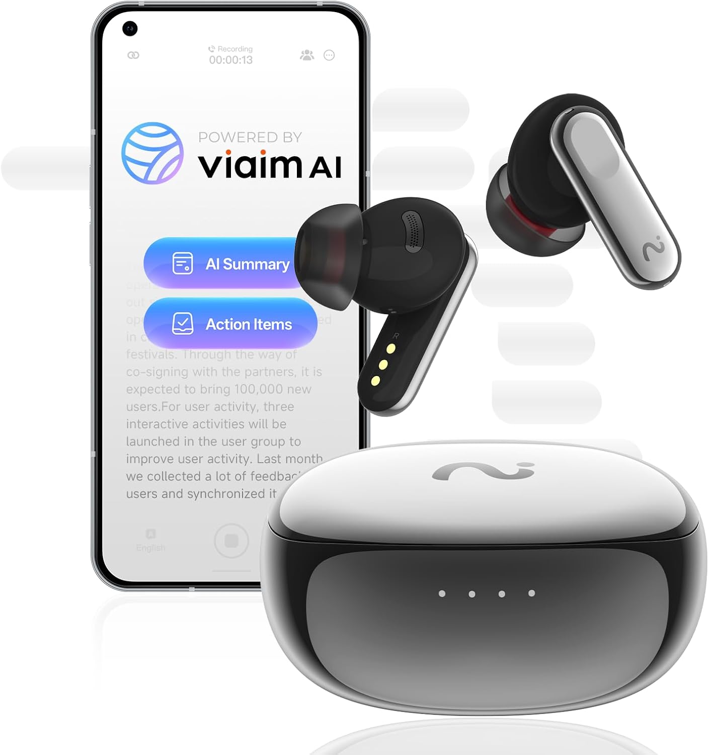 Nano+ AI Voice Recorder Earbuds, AI Note Taker for Meetings & Calls | Real-time transcription and translation across 78 languages, AI-powered summaries, and 45 dB hybrid ANC