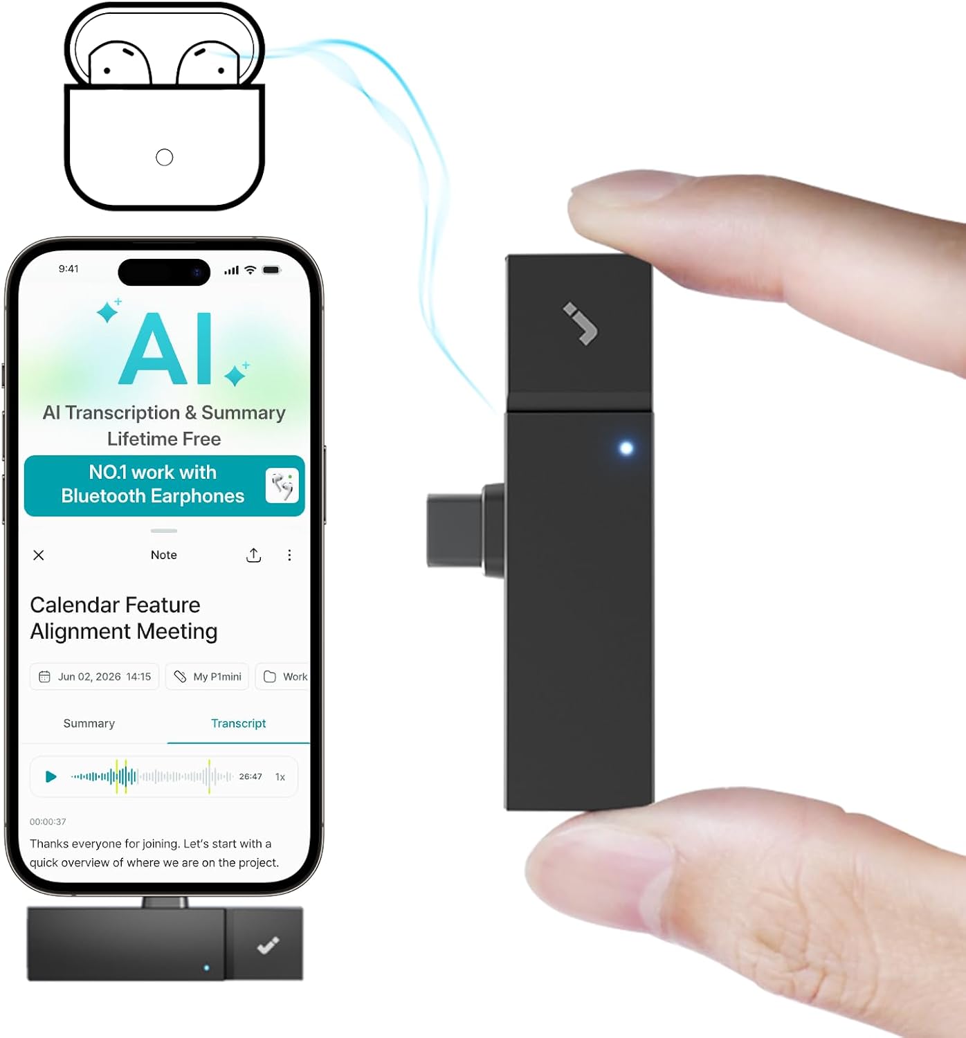 P1 mini AI Voice Recorder: Smart Voice Recorder Work with Wireless Earbuds for Meeting Lectures Calls BlueCatch Tech Digital Audio Recorder Transcription Summary HiNotes APP Control 32GB