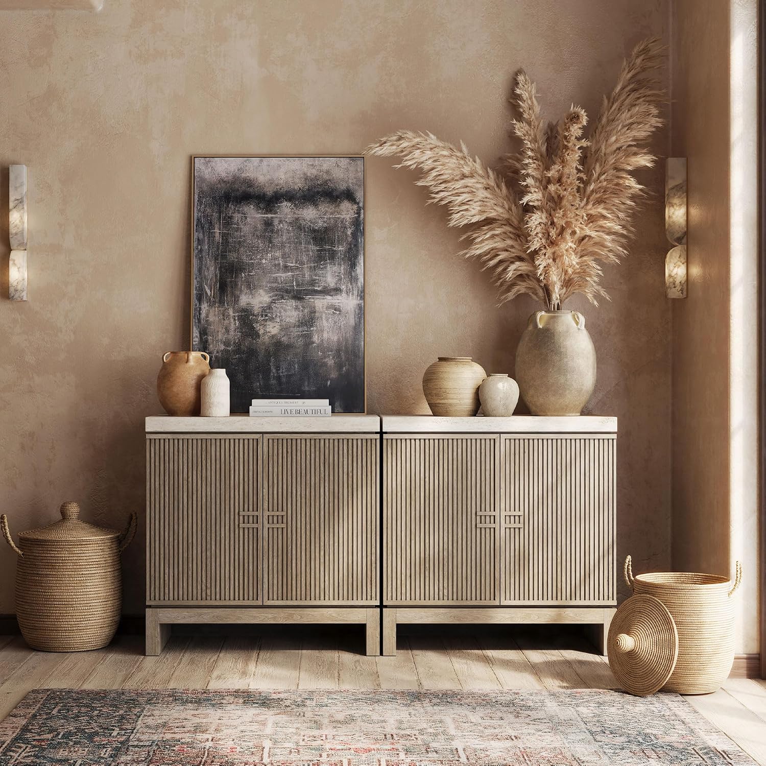 BELLEZE Set of 2 Anton Sideboard Buffet Cabinet - Travertine Greige | 63 Inches,Fluted Reeded Door,Travertine-Look Top,Adjustable Shelf,Living Room Dining Room Entryway